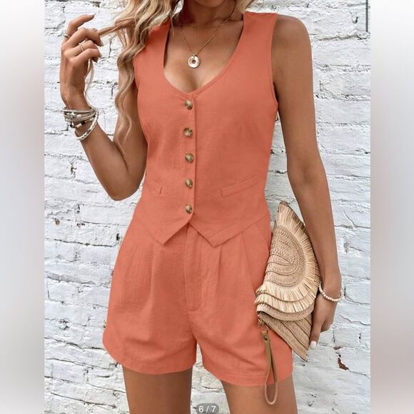 Women’s 100% Cotton 2-PC Vest & Shorts Set Coral Rust Coastal Summer Size M - Picture 1 of 10